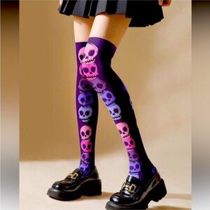 Purple Skull Pattern Thigh-High Socks